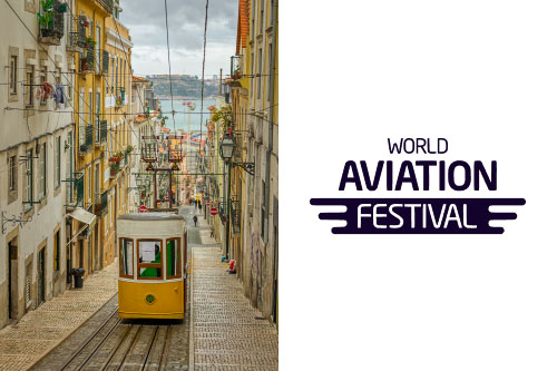 An 50/50 image split, with a photograph of a tram in Lisbon and the World Aviation Festival logo.