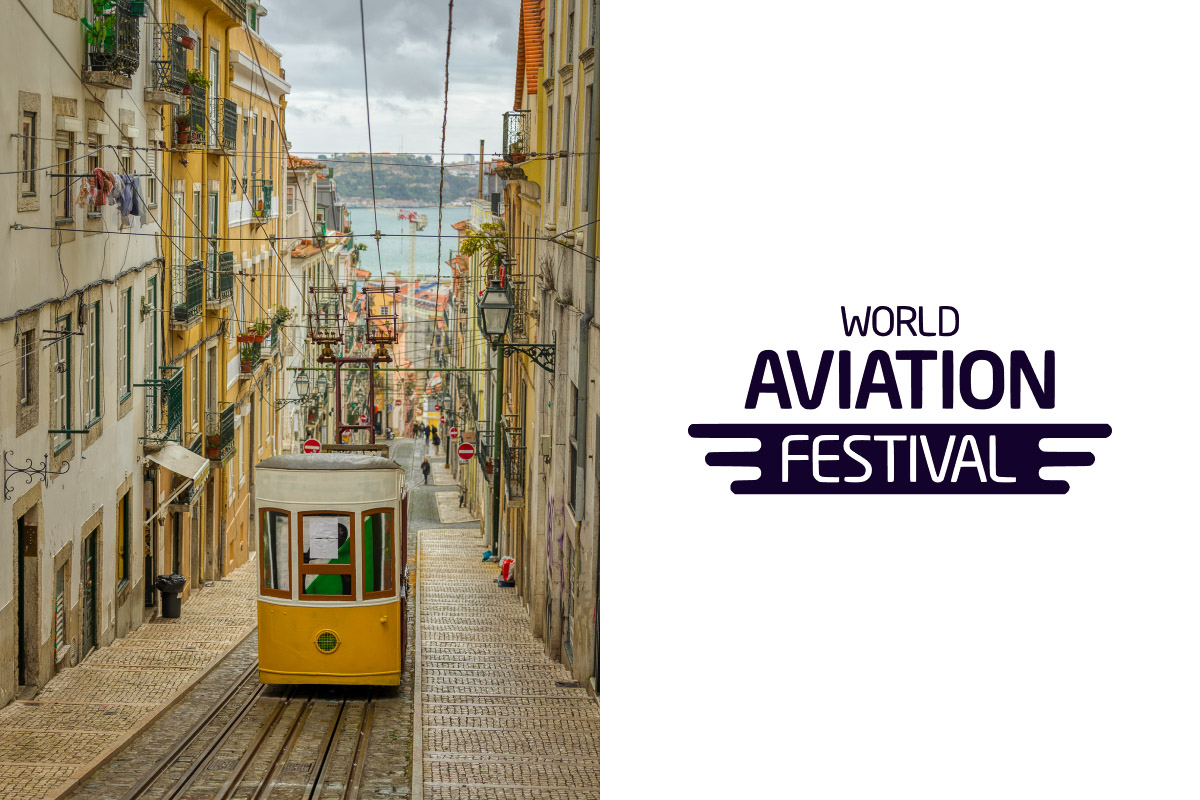 An 50/50 image split, with a photograph of a tram in Lisbon and the World Aviation Festival logo.