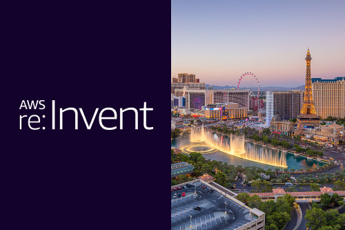 A 50/50 single image split with a photograph of the Las Vegas skyline and the AWS re:Invent logo.