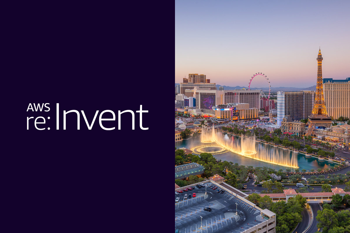 A 50/50 single image split with a photograph of the Las Vegas skyline and the AWS re:Invent logo.