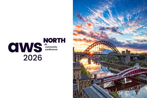 50/50 single image split with a photo of the Newcastle skyline and the AWS North Community Conference logo. 
