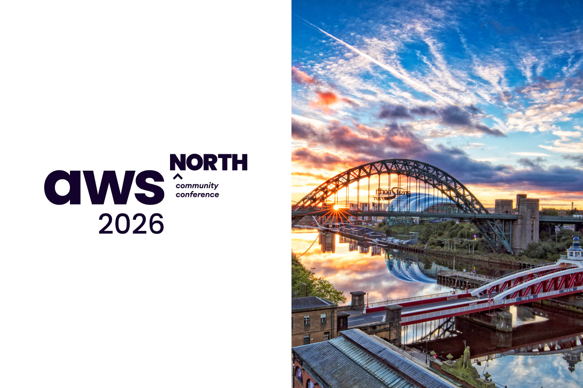 50/50 single image split with a photo of the Newcastle skyline and the AWS North Community Conference logo.