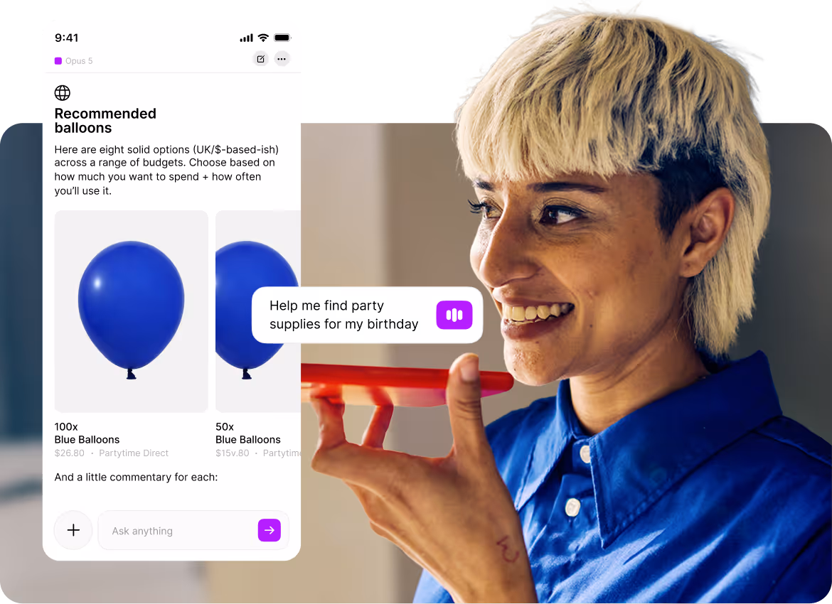 Person with short blonde hair speaking into a phone, with a mobile app screen showing recommended blue balloons and the voice command 'Help me find party supplies for my birthday.'
