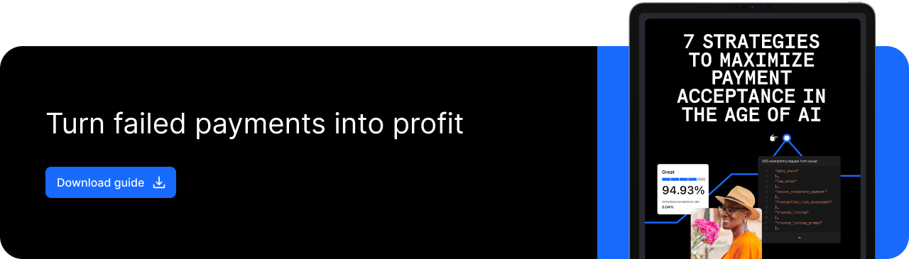 Turn failed payments into profit. Button reads download guide. Report cover reads 7 strategies to maximize payment acceptance in the age of AI