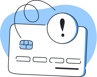 Illustration of a payment card with a chip and an exclamation mark in a circle above it, indicating a warning or alert.