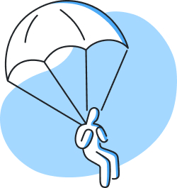 Simplified line drawing of a person seated and holding onto lines of an open parachute with a blue shape in the background.