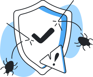 Illustration of a shield with a checkmark symbol and an exclamation warning sign in front, with two bugs approached by lines indicating defense or protection.