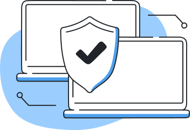 Illustration of two laptops overlapping with a shield displaying a checkmark in front, symbolizing device security or protection.