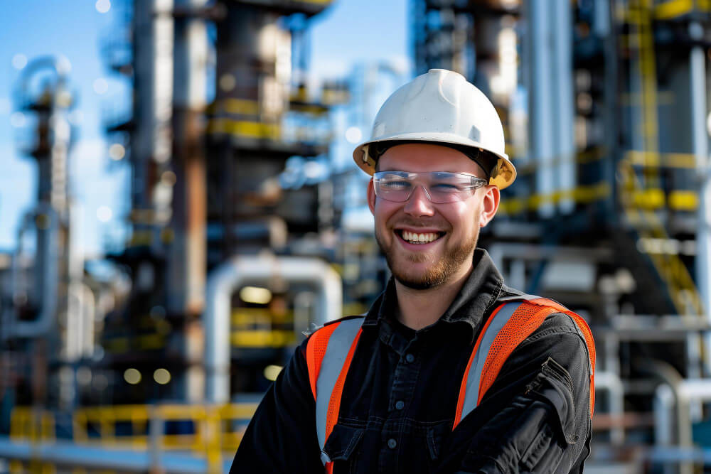 Industriemeister mit Helm und Warnweste vor Industrieanlage – Symbolbild für die Qualifikation als Bachelor Professional gemäß §53c BBiG.