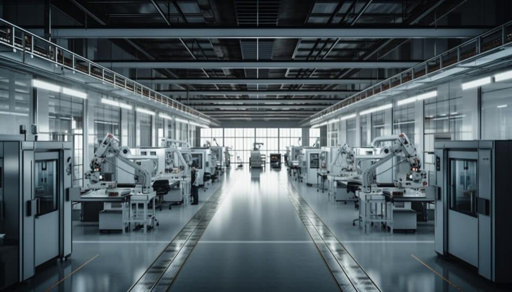 Hochmoderne Fertigungshalle mit automatisierten Robotern und digitalen Arbeitsplätzen – Symbol für Industrie 4.0, Effizienz und die Rolle des Industriemeisters Metall in der vernetzten Produktion.