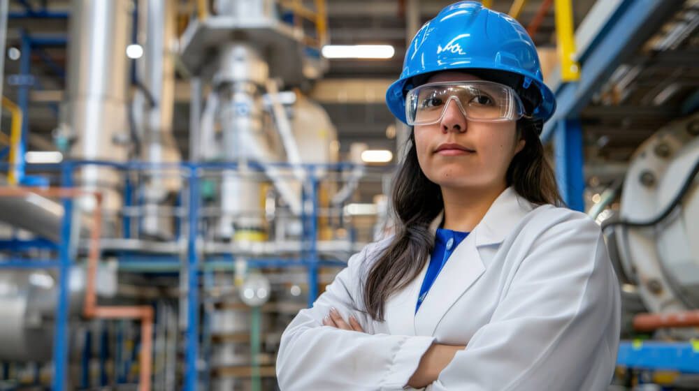 Industriemeisterin mit blauem Schutzhelm und Laborkittel in industrieller Umgebung mit Maschinen und Rohrleitungen – Symbol für Sicherheit, Technik und moderne Produktionsprozesse.