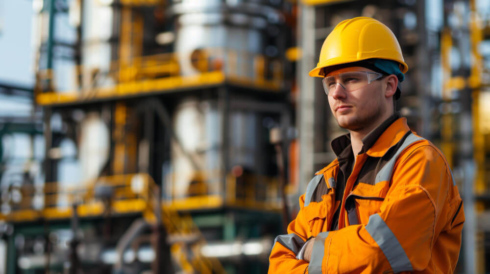 Industriemeister in moderner Produktionsumgebung – Sicherheit, Verantwortung und Technik im Fokus.