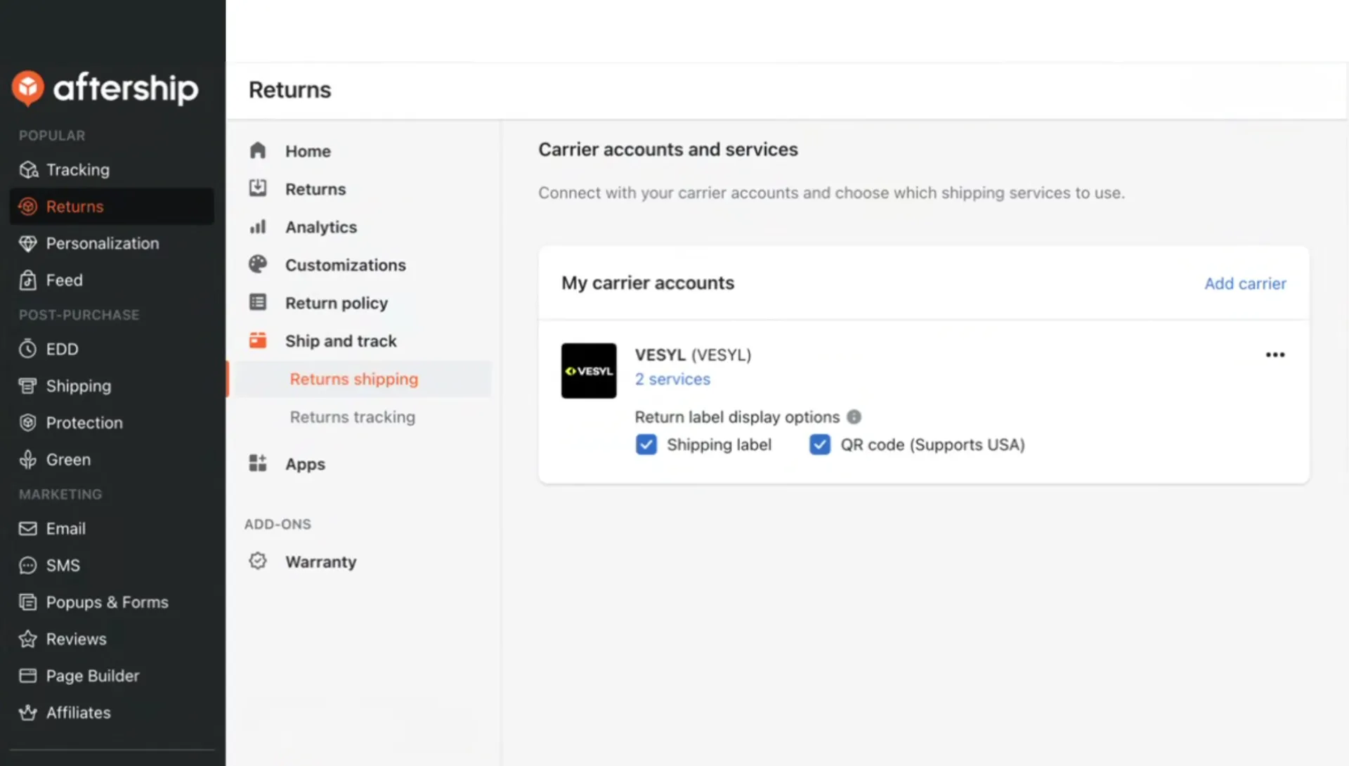 Screenshot of Aftership software