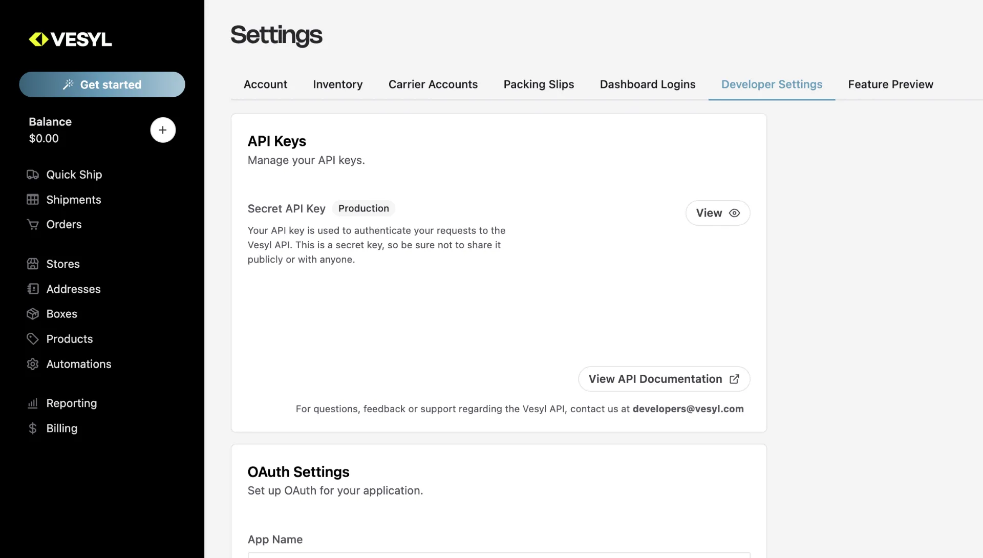Vesyl screenshot api key