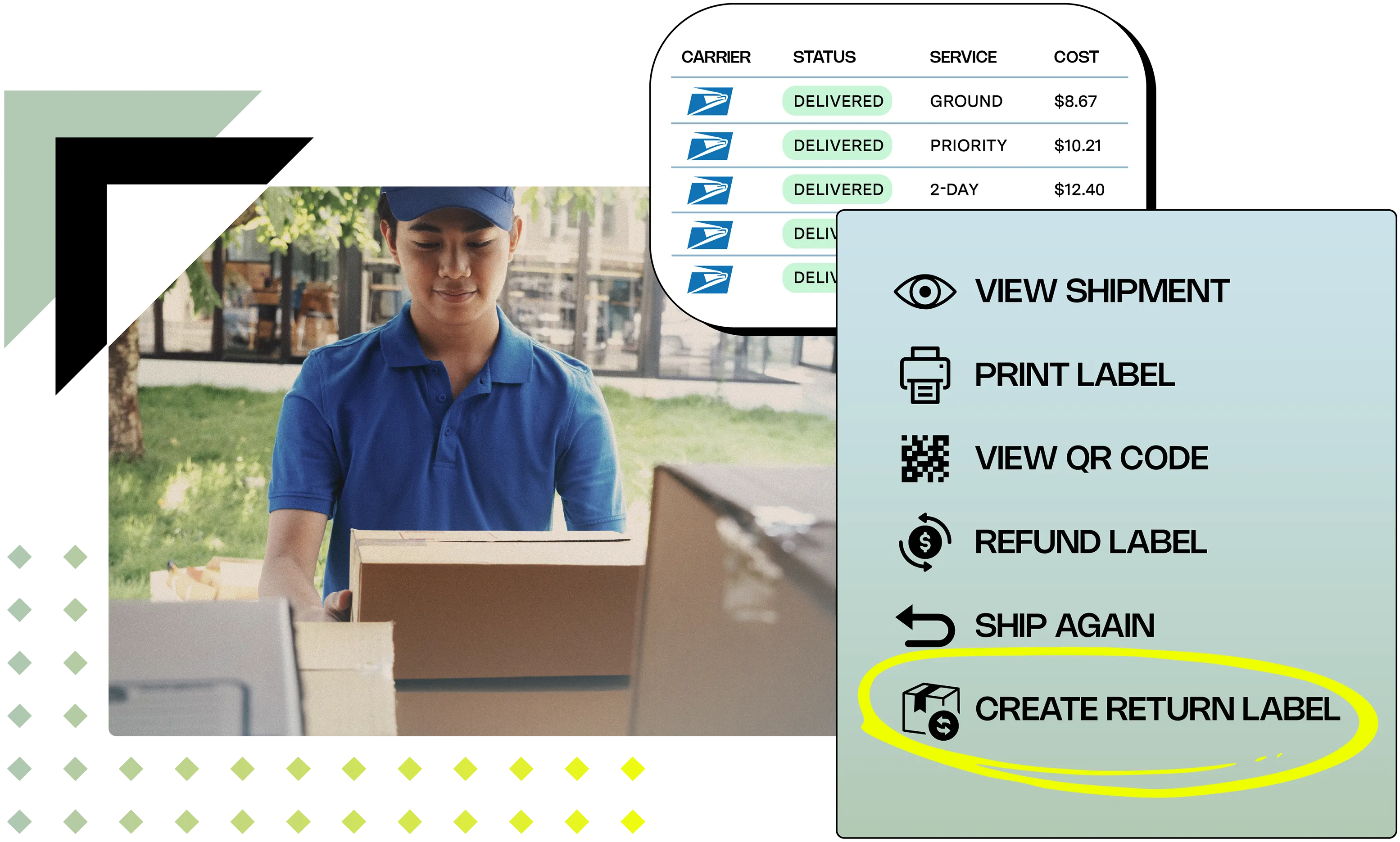 Real-time shipping rate shopping software comparing carrier rates across multiple carriers, showing UPS Ground, USPS Priority, FedEx 2 Day, and DHL Express prices to automatically select the most cost-effective shipping option for an ecommerce order.
