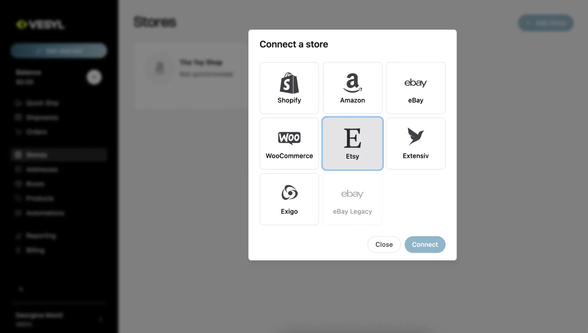 vesyl store connection scerenshot