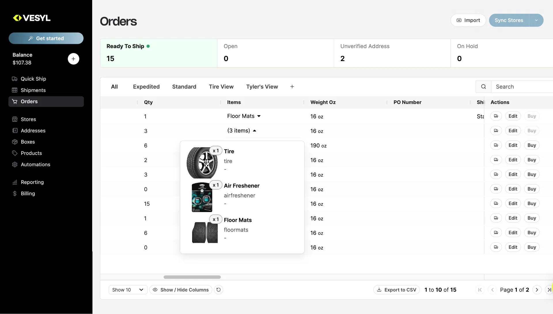vesyl order processing screenshot