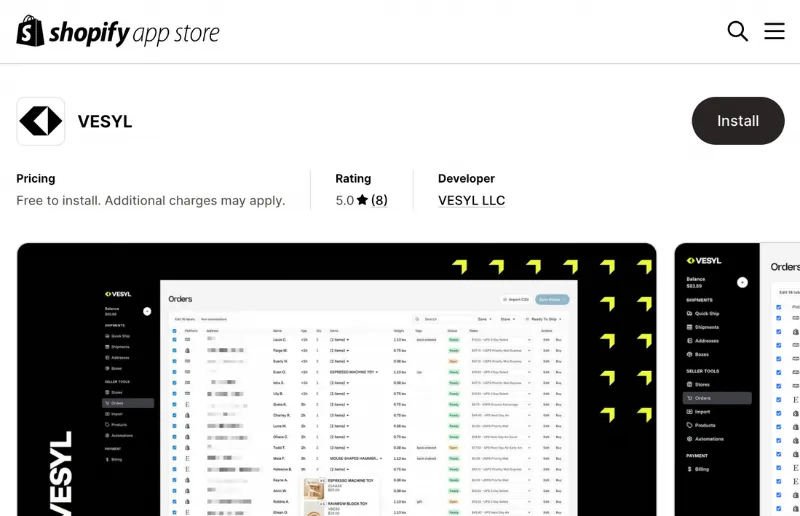 vesyl shopify connection screenshot