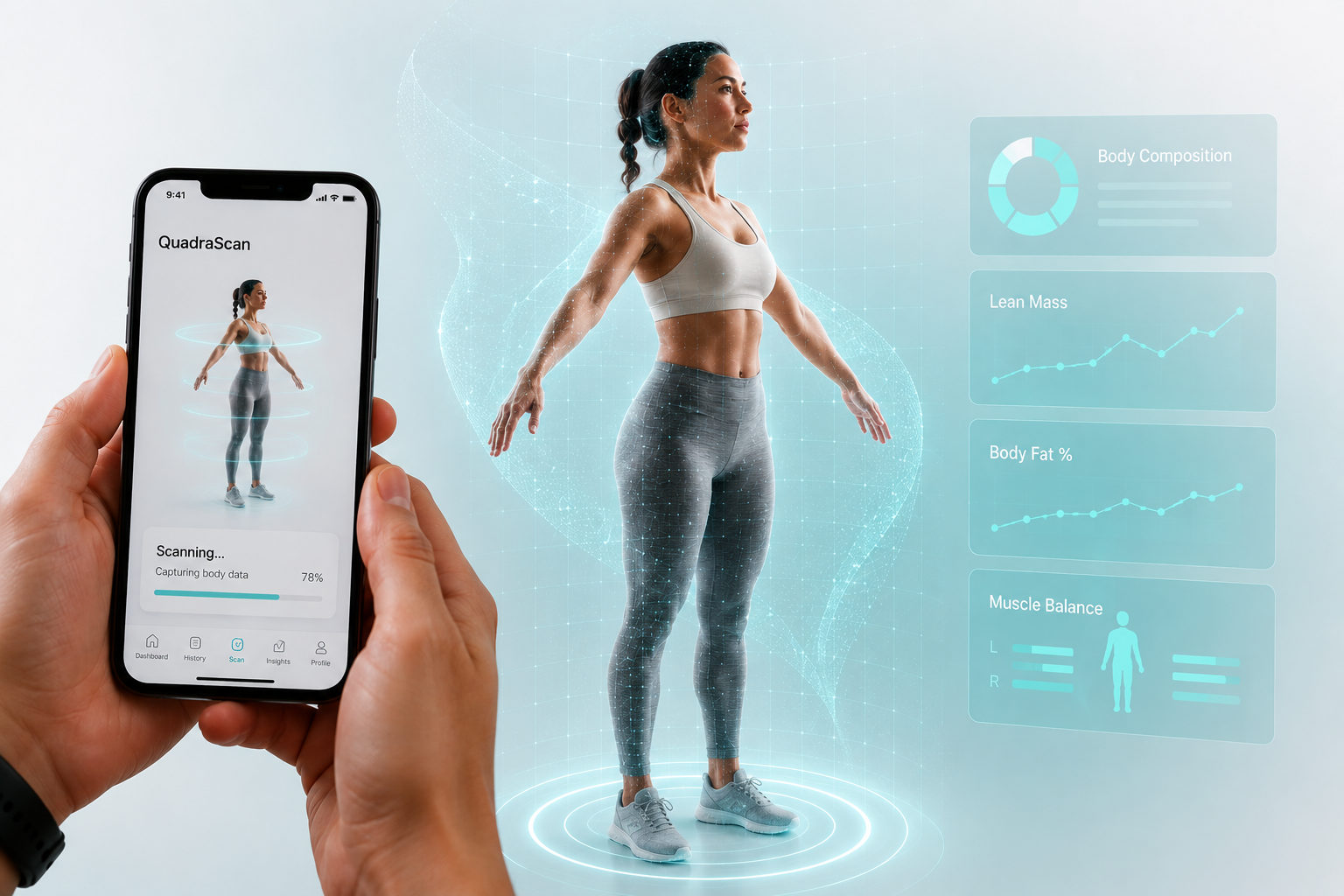 QuadraScan phone scan generating a 3D body avatar with body composition data