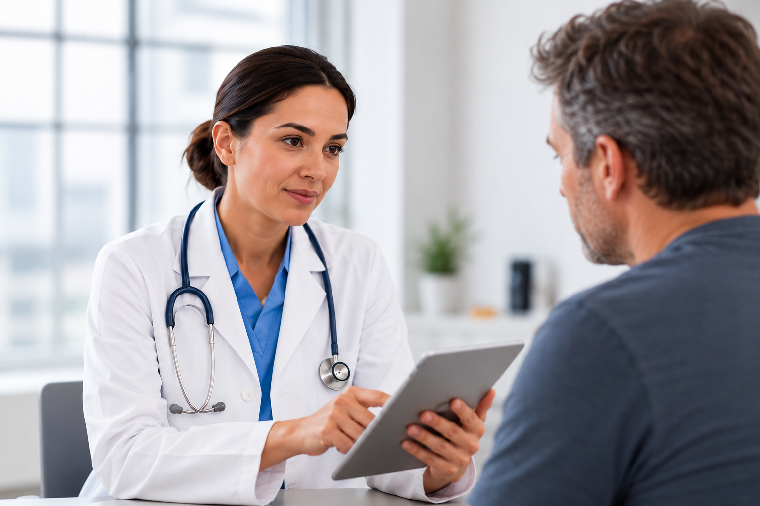 Healthcare provider reviewing QuadraScan results with a patient on a tablet