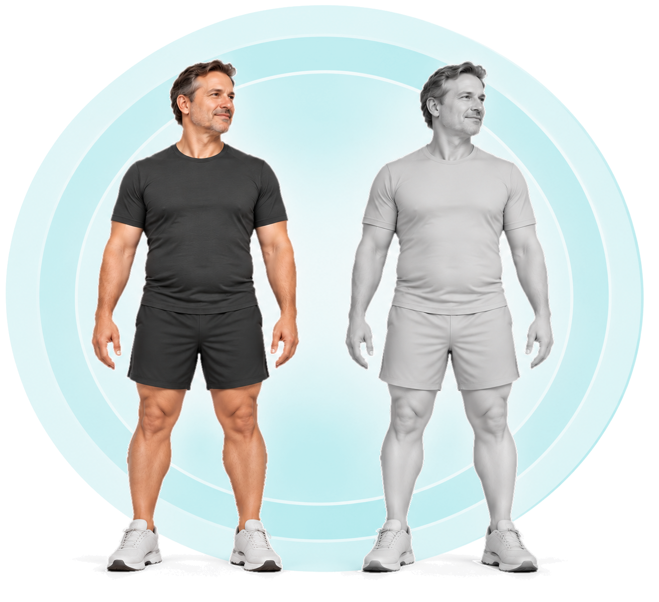 Two body scan visualizations: a man in color beside his grayscale 3D scan