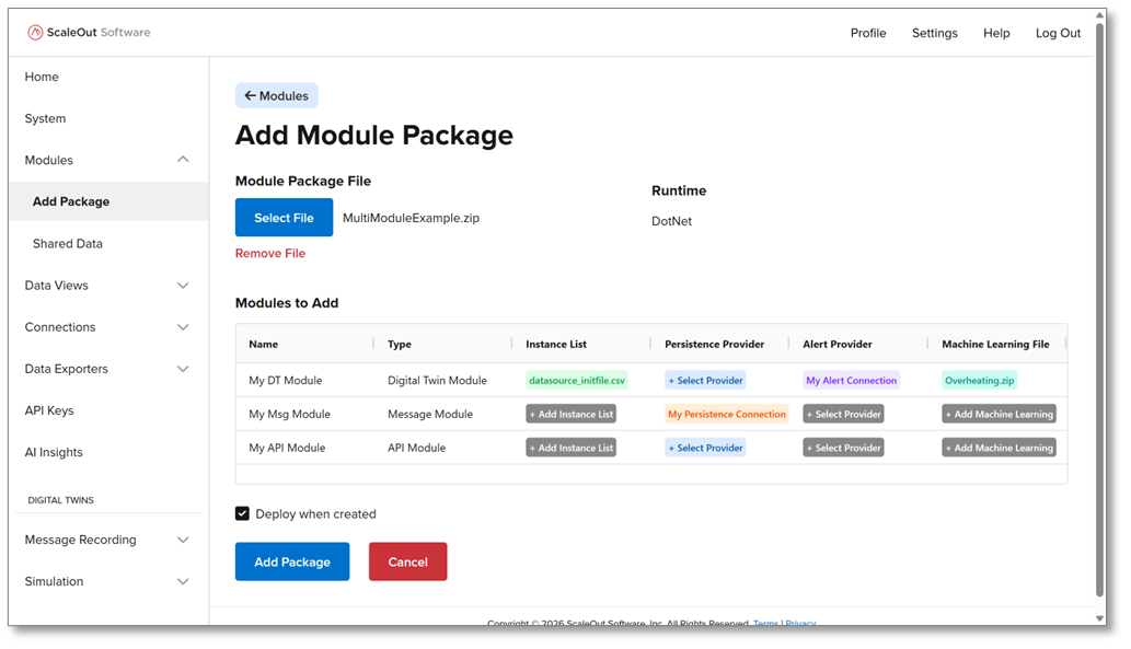 Screenshot of the ScaleOut Software unified user interface showing the Add Module Package screen, with a digital twin module, a message module, and an API module combined into one deployment package.