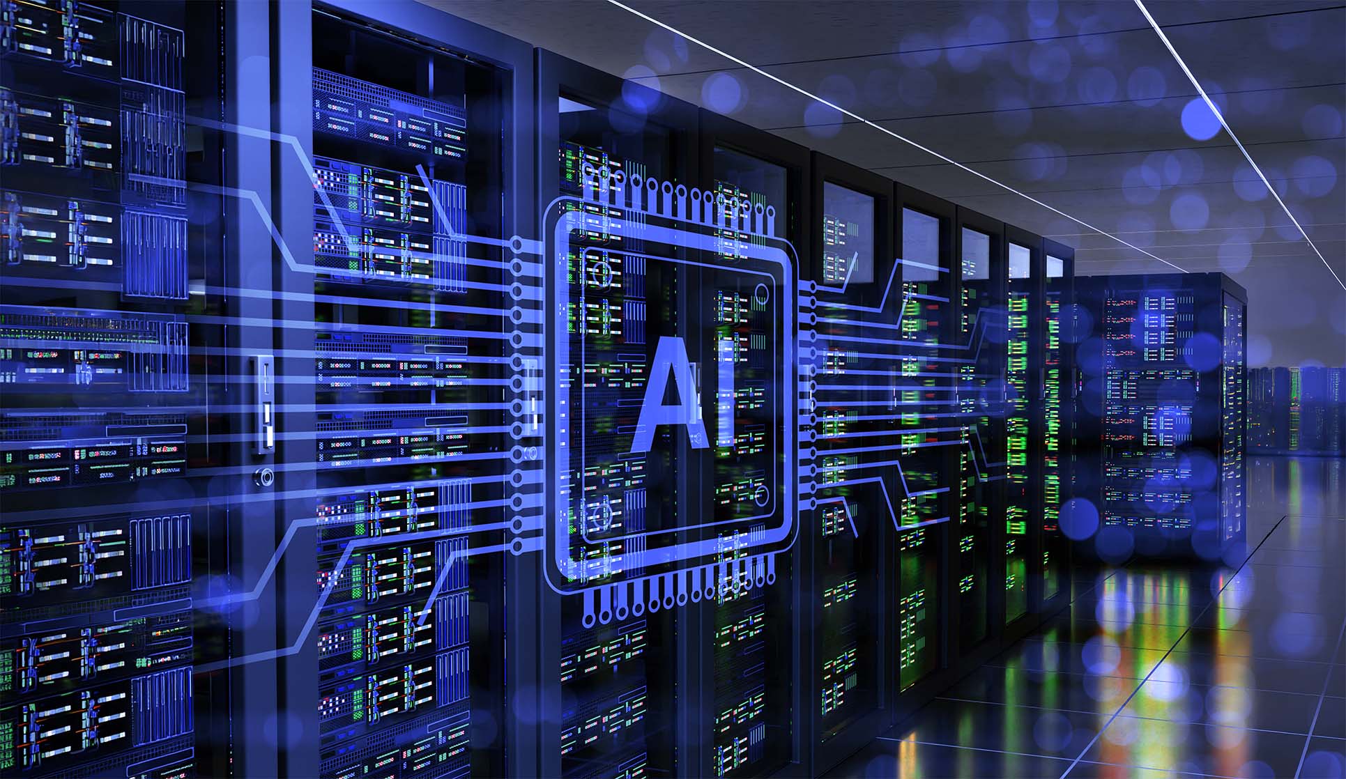 Conceptual illustration of an AI processor chip integrated within a data center server room, representing generative AI applied to live infrastructure.