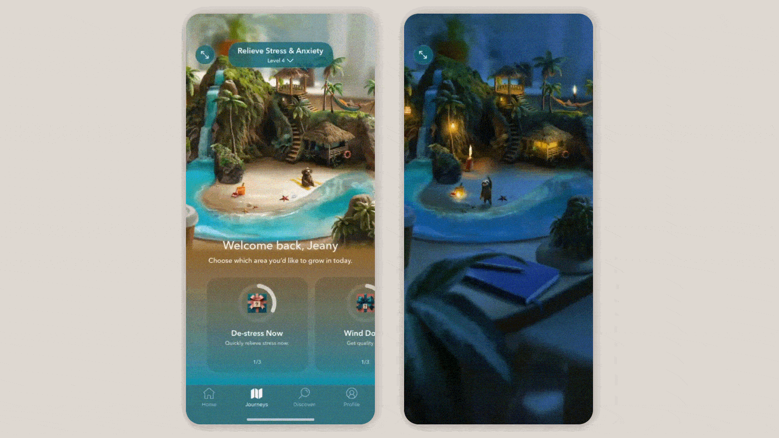 A Calm experience that guided users through topic-based journeys using structured progression, evolving miniature worlds, and a companion character to deepen engagement.