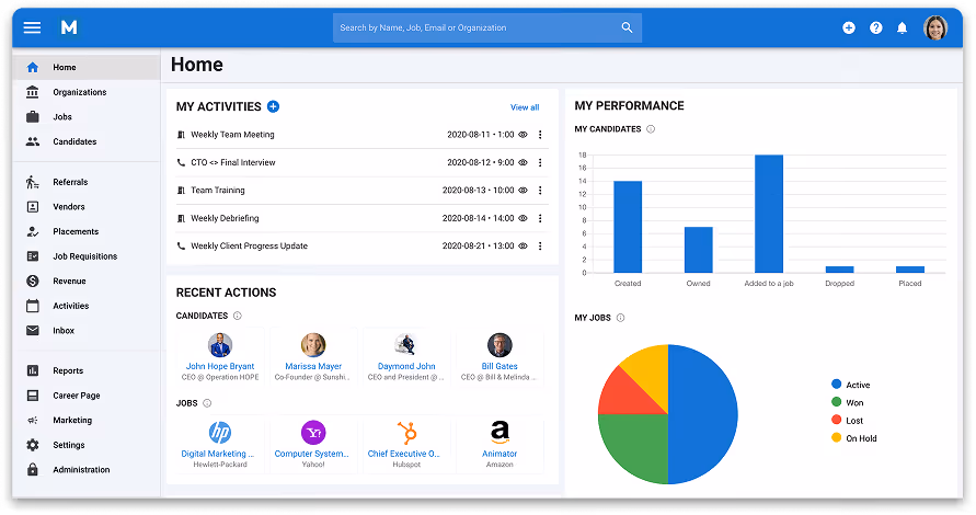 Manatal dashboard interface showing team activities, recent actions with candidate profiles and job logos, performance bar chart of candidates, and a pie chart of job status categories.