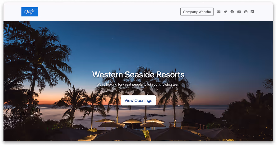 Western Seaside Resorts career page with a sunset view of palm trees and umbrellas by the ocean, featuring a 'View Openings' button.