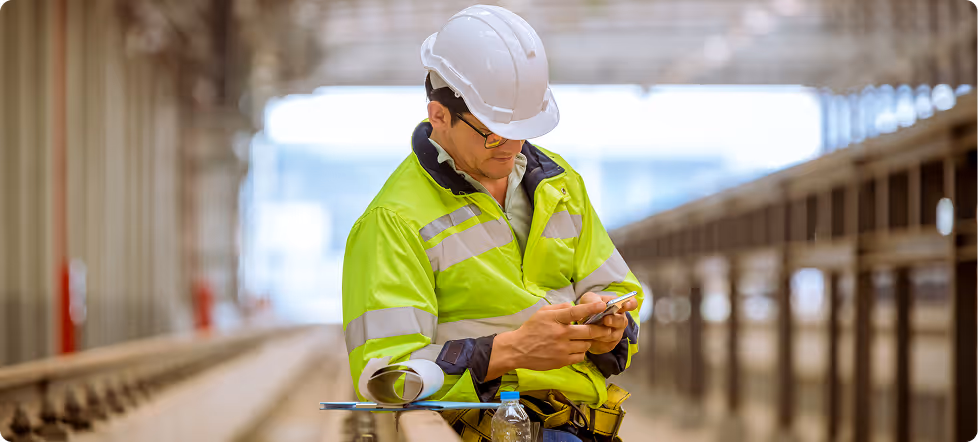 Construction worker in a white hard hat and high-visibility jacket using a smartphone in an industrial setting.