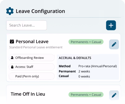 Leave configuration screen showing personal leave settings.