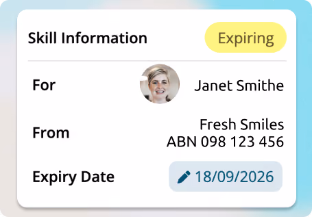 A skill information card showing that the skill is expiring. It is for Janet Smithe with a small profile photo. The skill is from Fresh Smiles, ABN 098 123 456, and the expiry date is 18/09/2026 with a pencil icon next to the date.