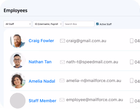 Employee roster showing four entries with names Craig Fowler, Nathan Tan, Amelia Nadal, and Staff Member, each with email addresses and partial phone numbers, and profile pictures for the first three employees.