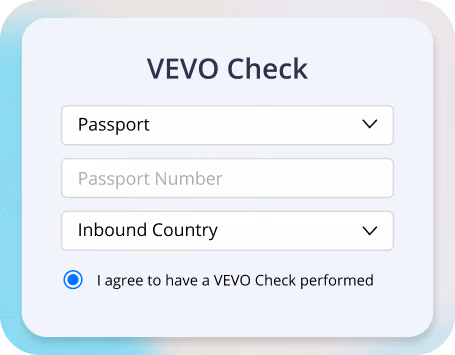 A VEVO Check form with dropdown menus for selecting Passport and Inbound Country, a field to enter Passport Number, and a radio button to agree to have a VEVO Check performed.