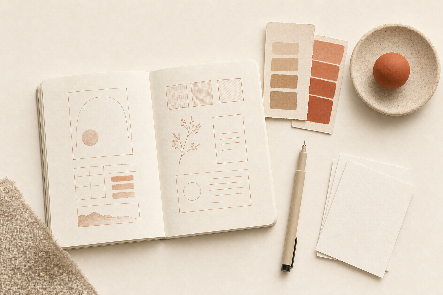 Flat-lay of a notebook with terracotta-ink wireframe sketches, swatches and a pen on cream