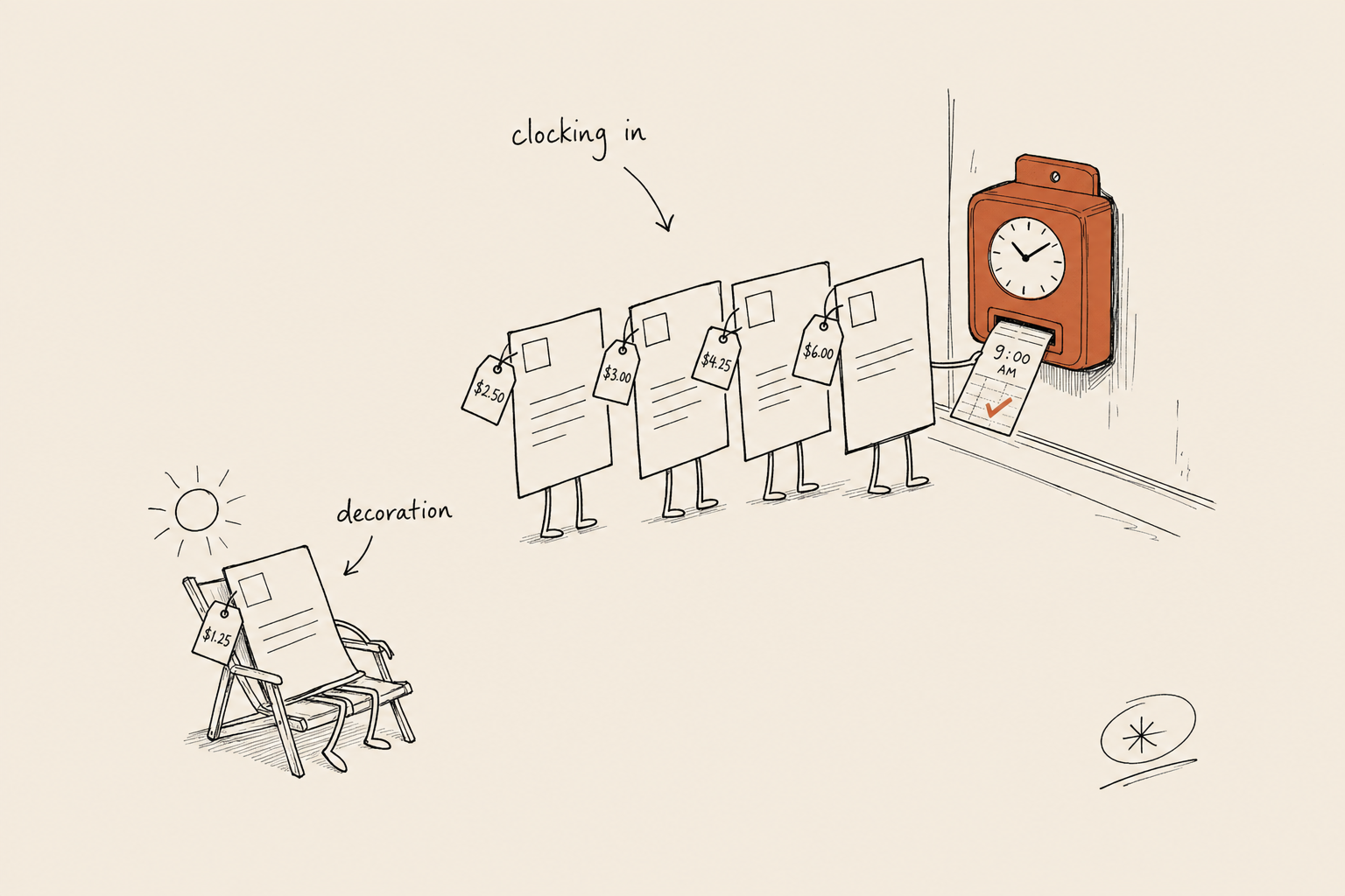 Sketch of social post cards queuing at a punch clock to start work while one lounges in a deck chair as decoration