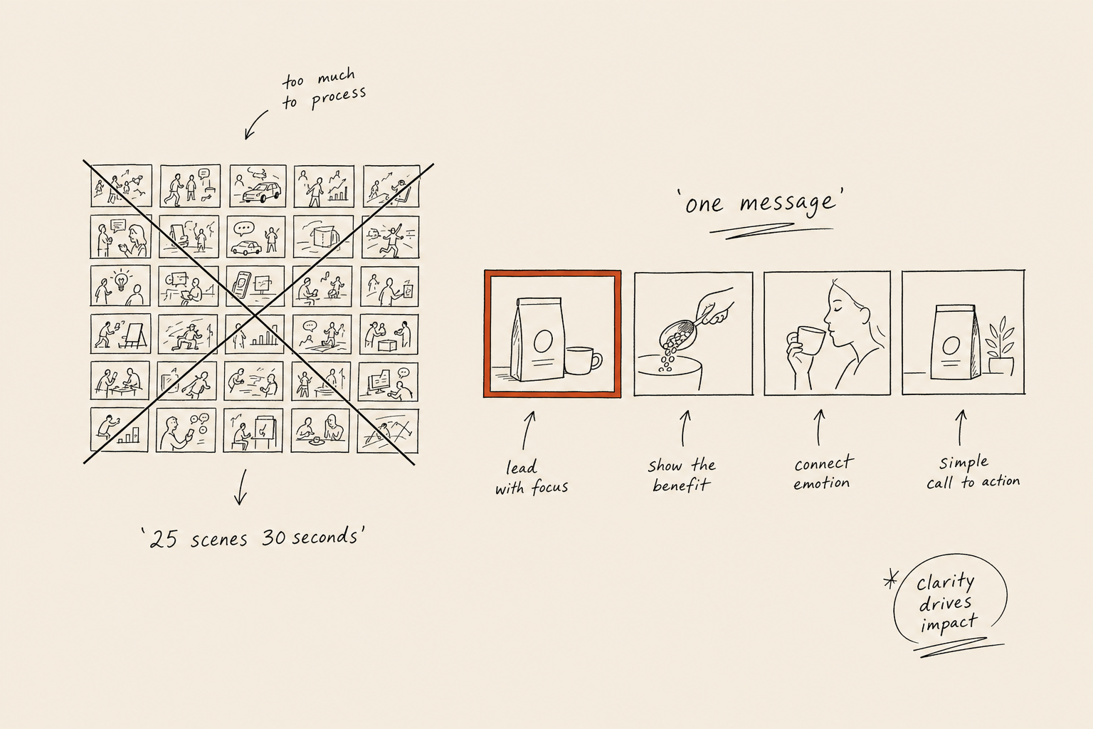A crammed 25-frame storyboard crossed out beside a calm four-frame board with its first frame marked in terracotta