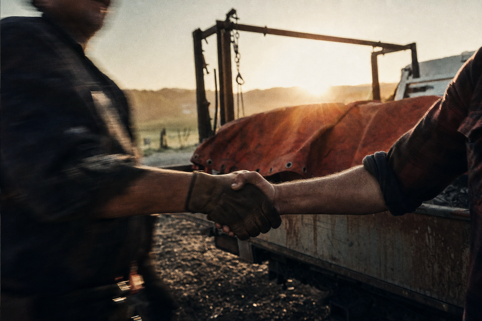 Two men shake hands at dawn beside a work ute, one hand still half in a worn work glove, low sun flaring over a rust-red tarp on the tray.