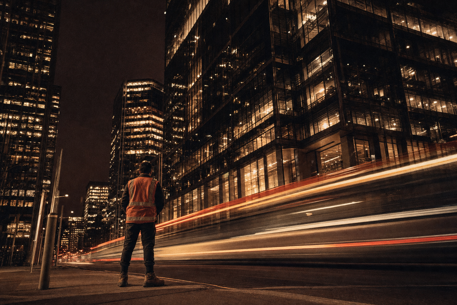 A lone worker in a hi-vis vest stands with his back to the camera at night, dwarfed by towering glass office buildings as long-exposure traffic lights streak past.