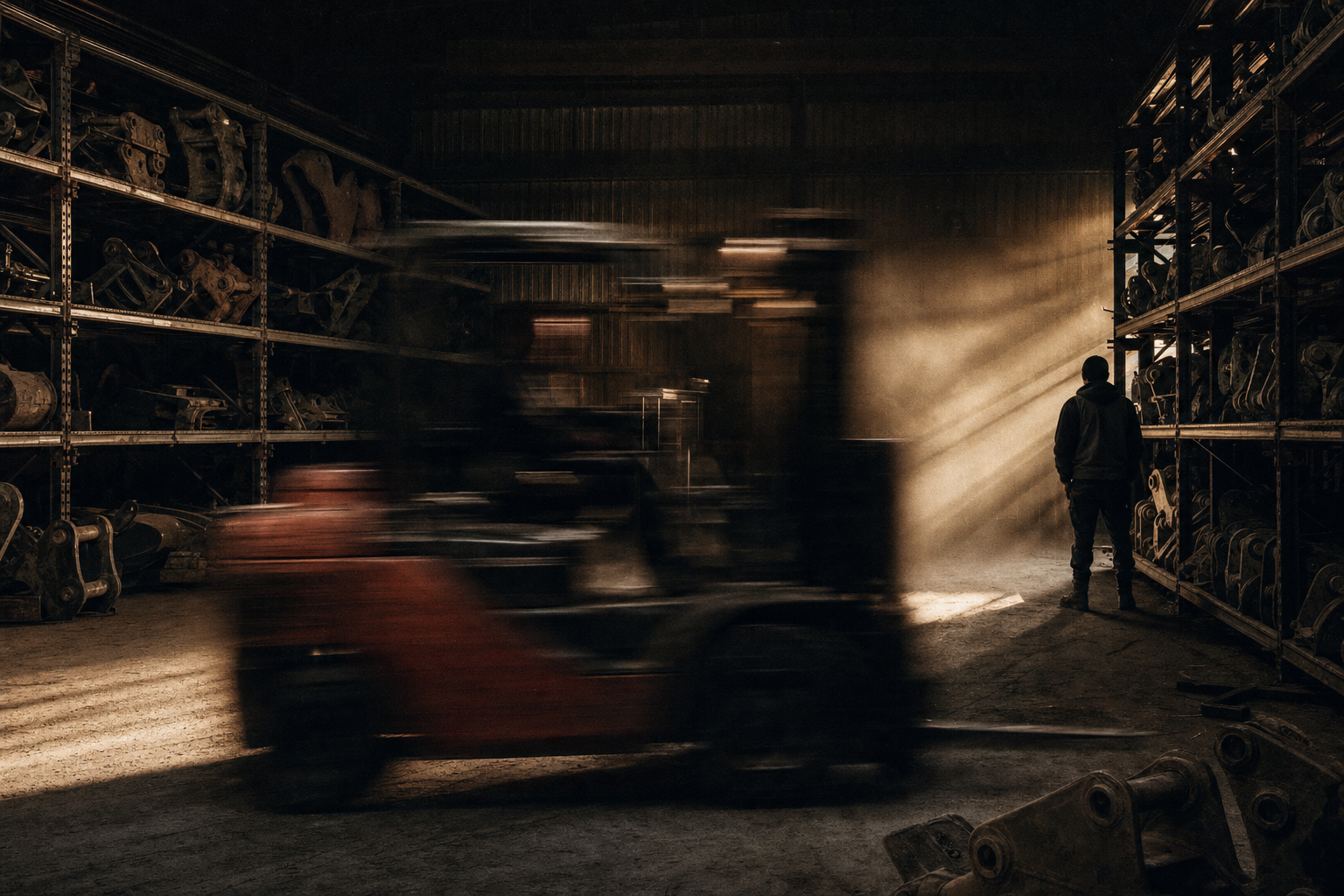 A rust-red forklift streaks in motion blur through a dark warehouse aisle stacked with excavator attachments, a lone worker standing in a shaft of dusty golden light.