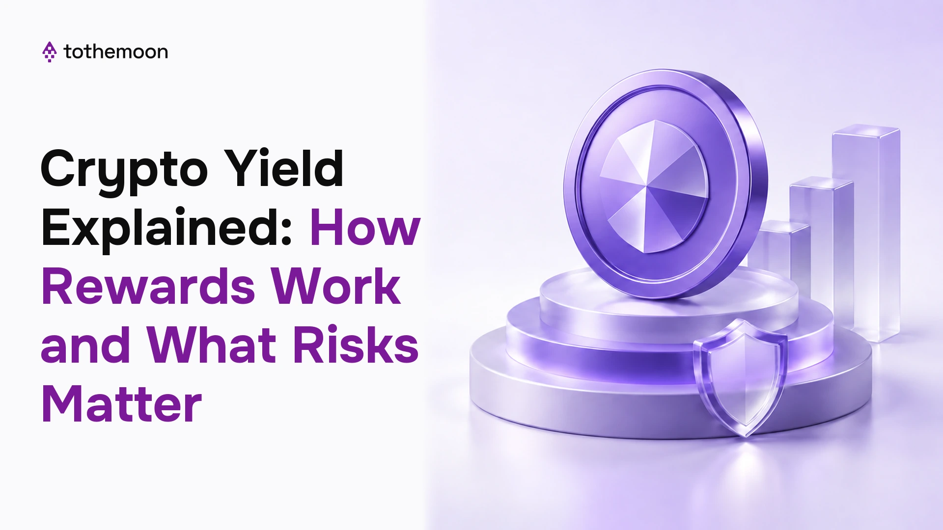Purple crypto reward coin on a stable platform with layered steps and a protective shield