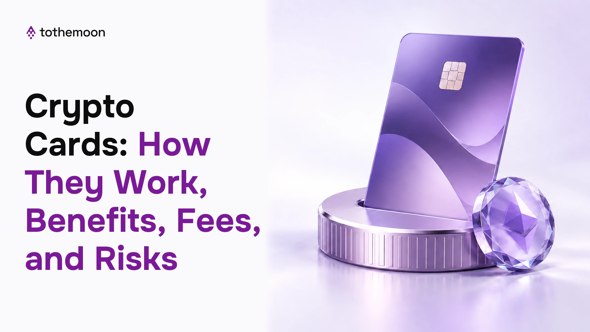 Purple crypto card on a coin-shaped pedestal representing everyday digital asset payments