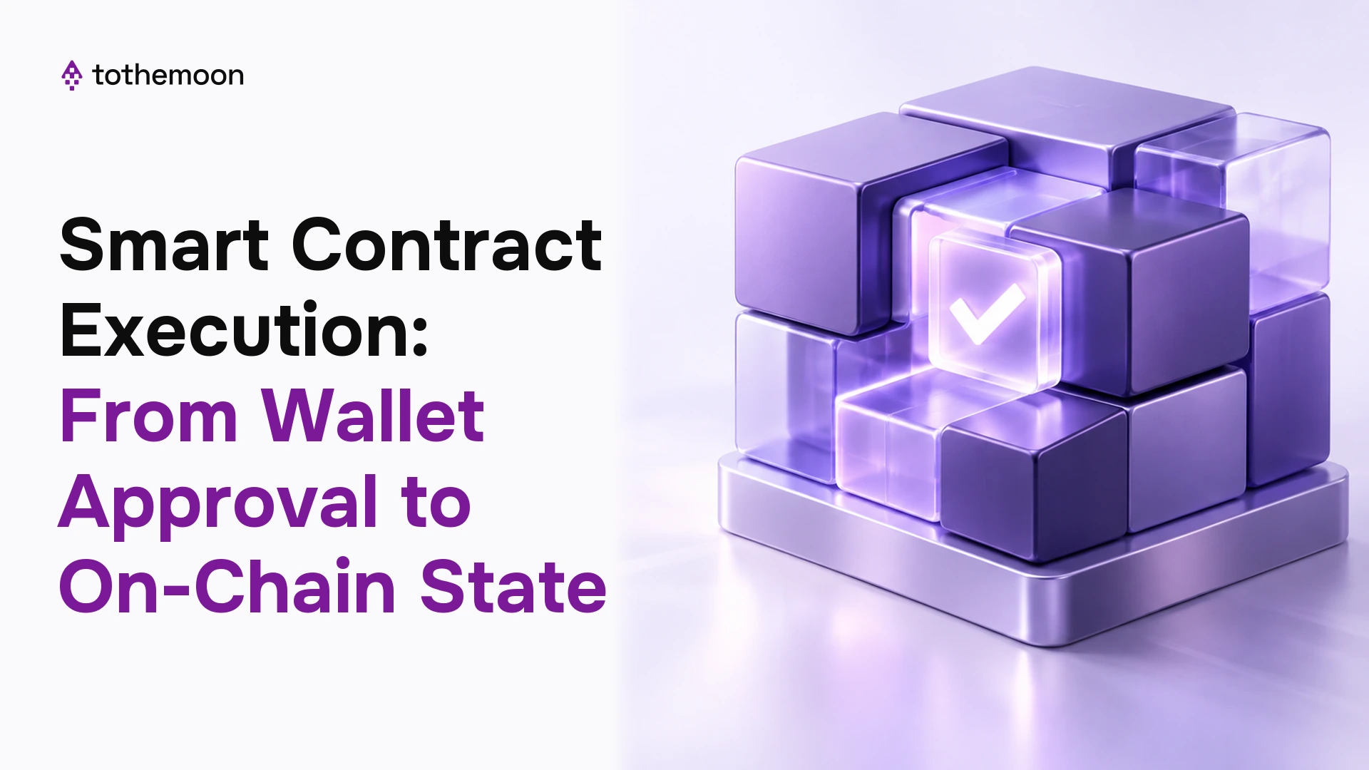 Purple smart contract execution blocks representing wallet approval and an on-chain state change