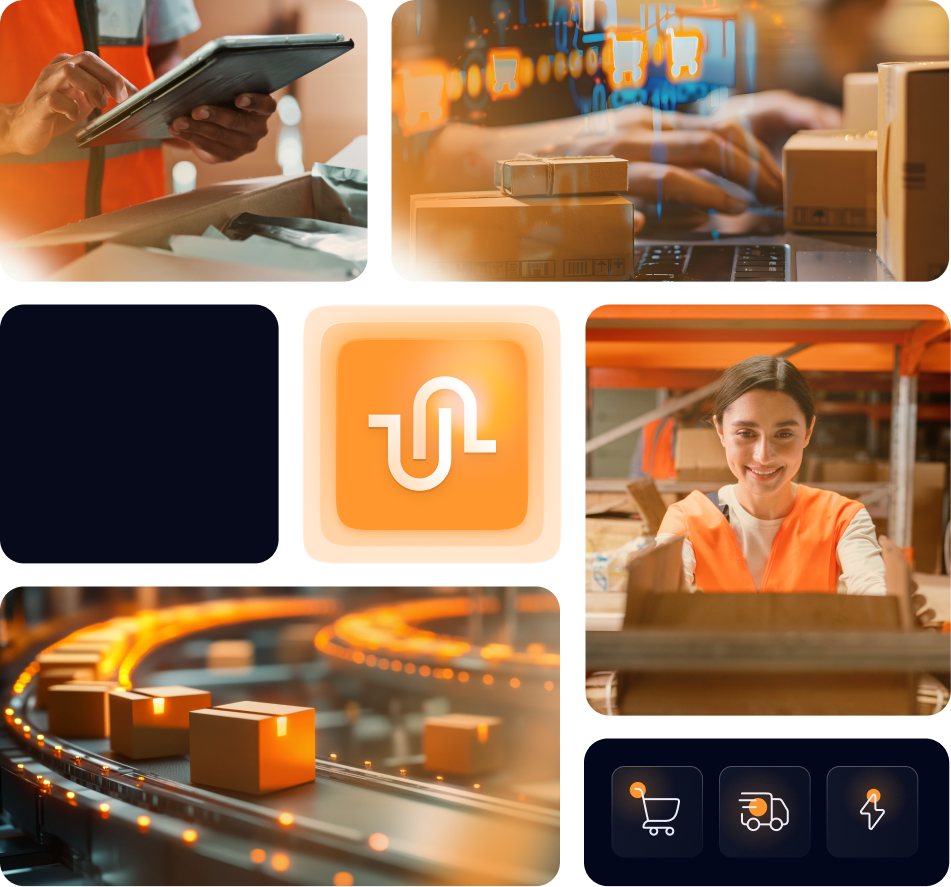 Collage mit Bildern von Lagerarbeitern, Paketverarbeitung auf Förderbändern, digitaler Bestellverwaltung und Logistiksymbolen.