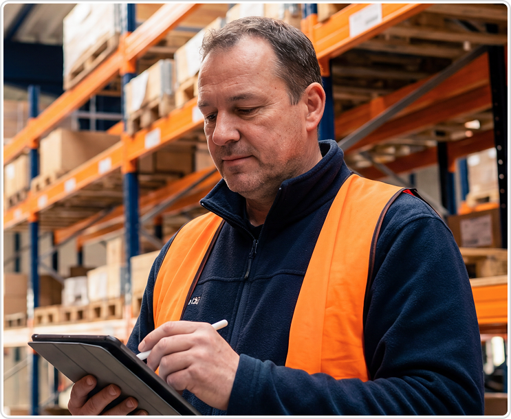 Warehouse manager reviewing orders