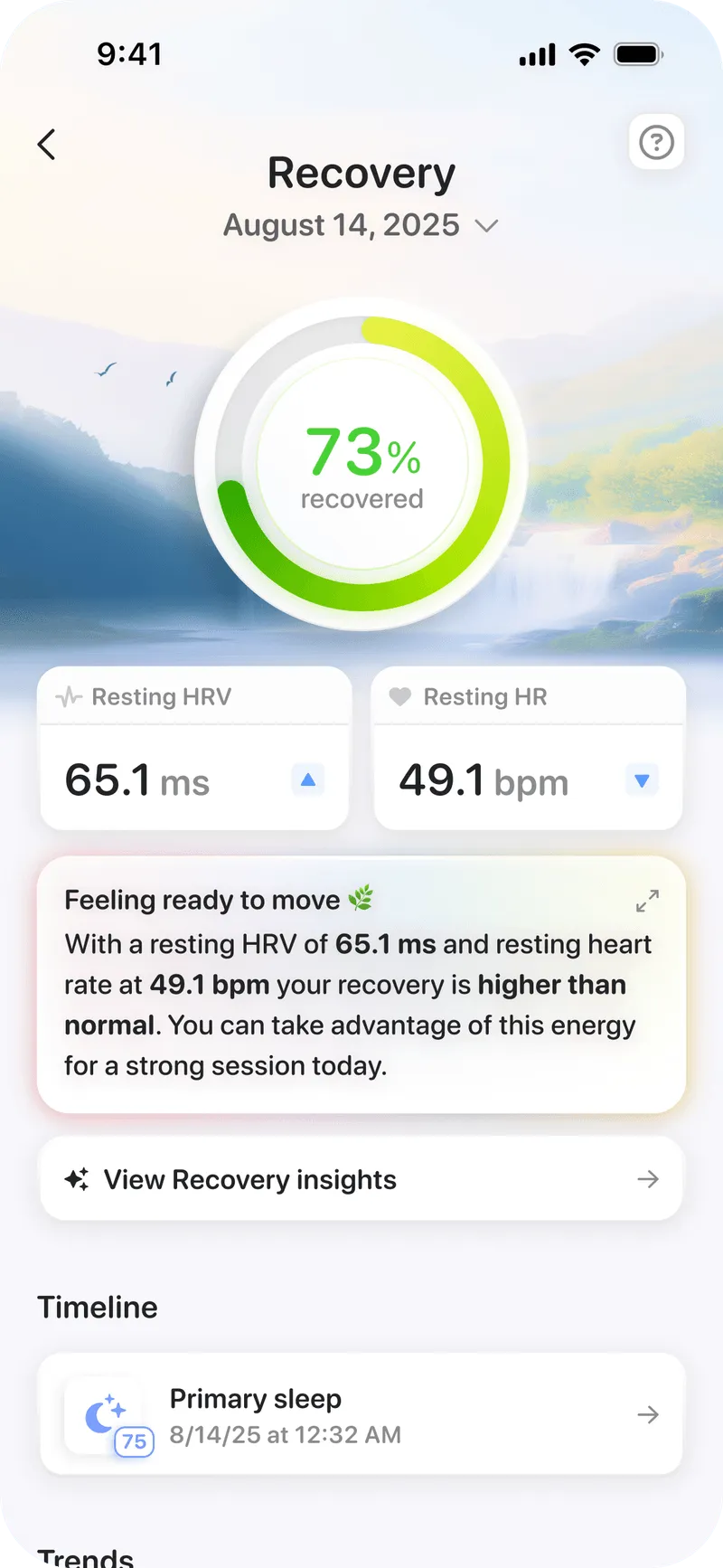 A smartphone screen displaying a recovery overview for August 14, 2025. It shows a recovery percentage of 73%, resting heart rate of 49.1 bpm, and resting HRV of 65.1 ms with a message indicating readiness for activity.