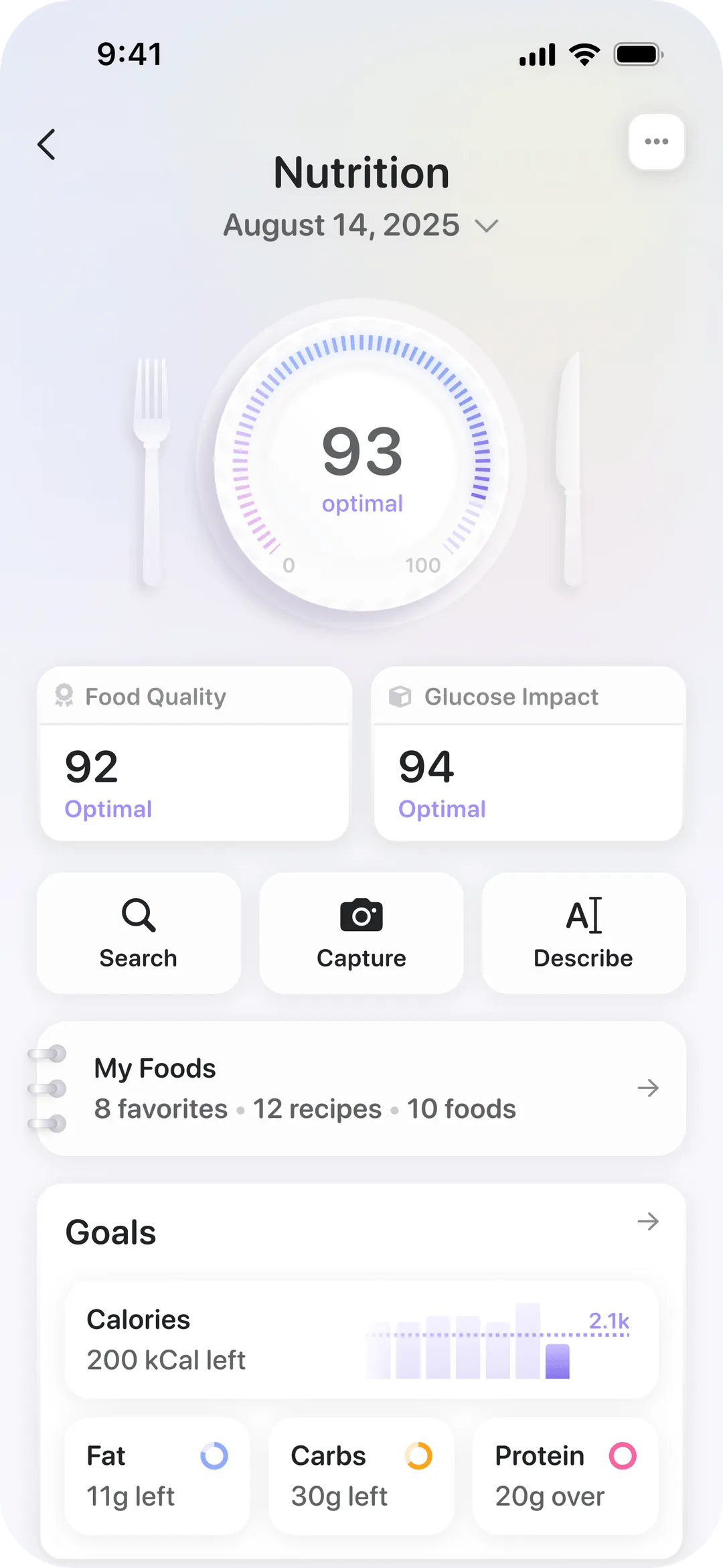 A smartphone screen displaying a nutrition app, showing a score of 93 for overall nutrition, with sections for food quality, glucose impact, favorites, recipes, and remaining calorie, fat, carbs, and protein goals.