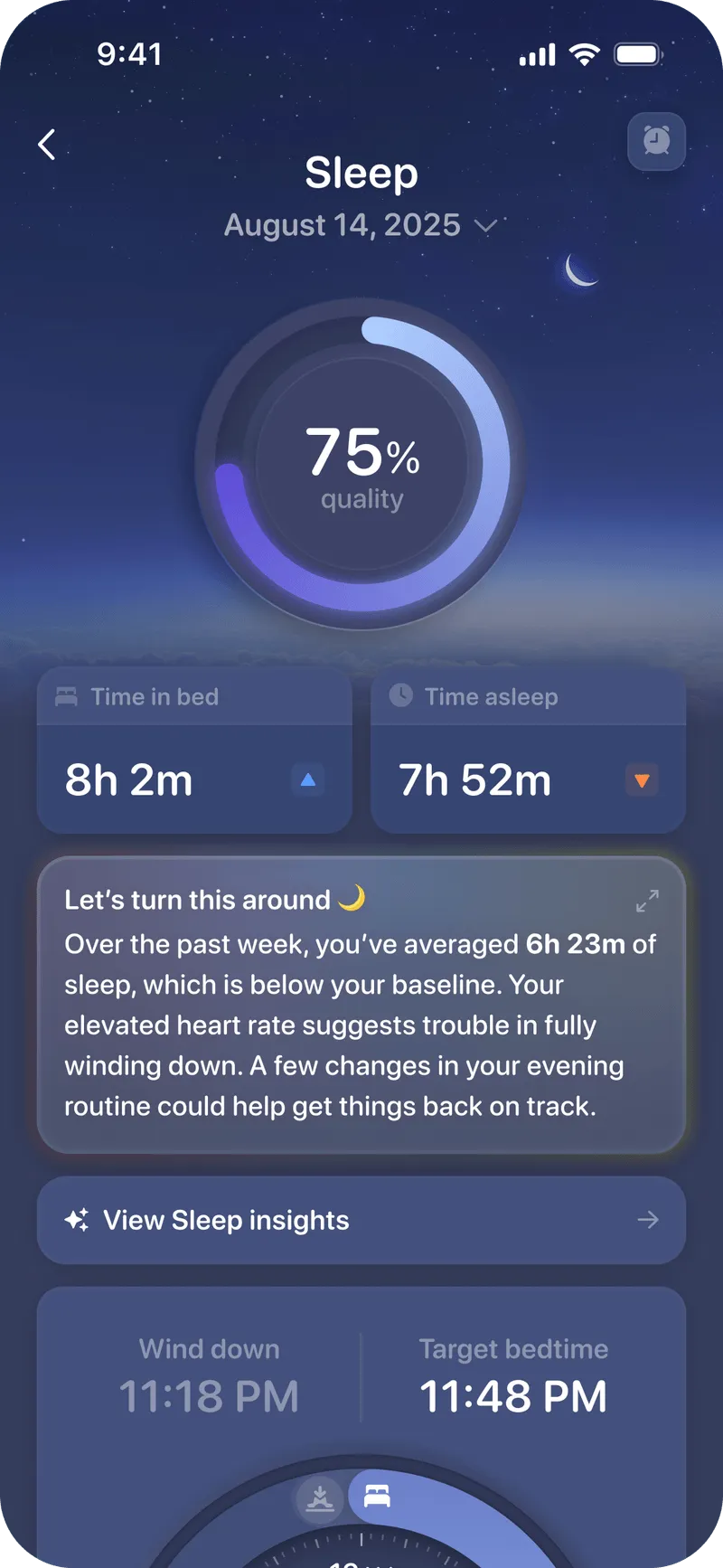 A mobile app interface displaying a sleep summary for August 14, 2025. It shows sleep quality at 75%, total time in bed of 8 hours 2 minutes, and time asleep of 7 hours 52 minutes, along with recommendations for improving sleep routine.