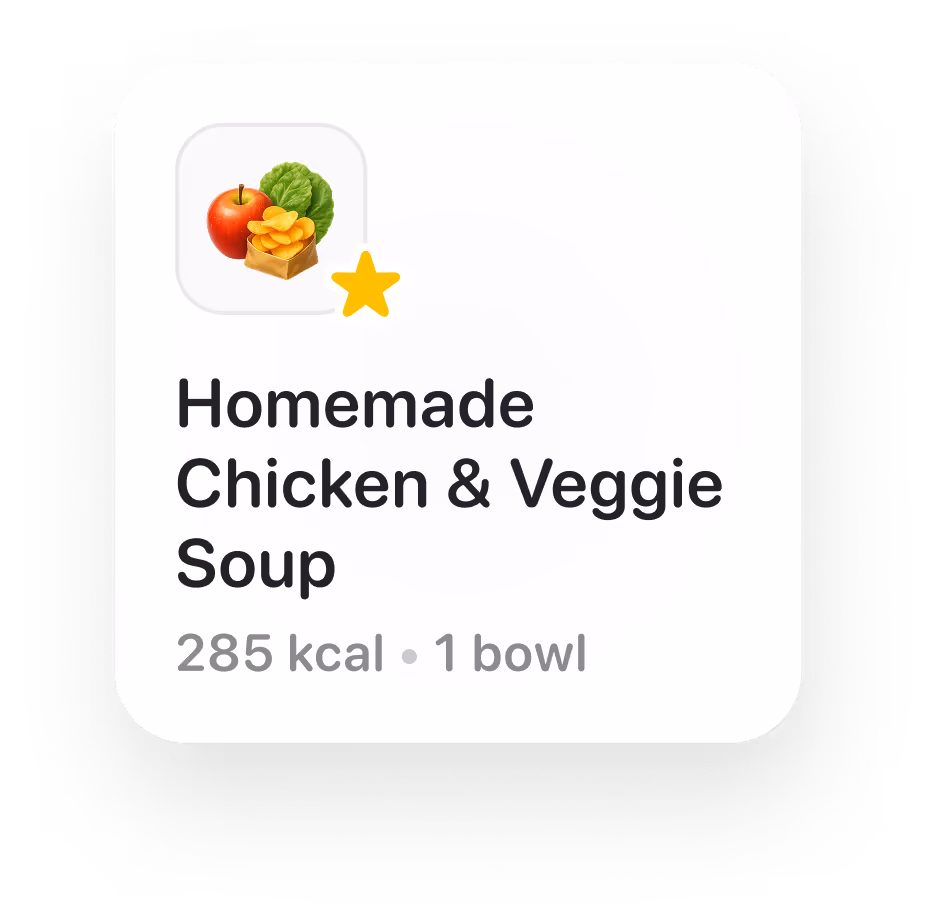 A digital listing for homemade chicken and veggie soup, featuring an apple, lettuce, and a bowl of soup icon. The description notes it contains 285 calories per bowl.